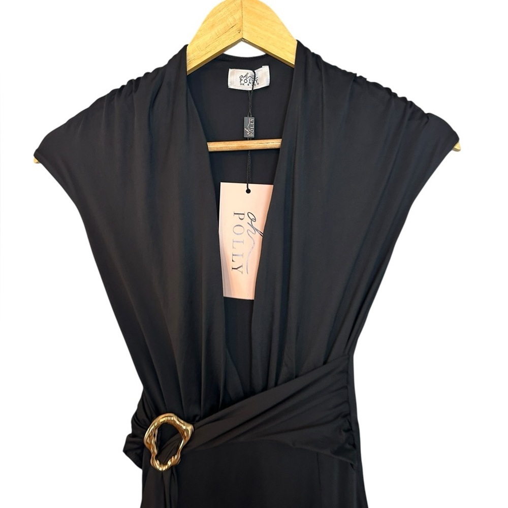 NWT Oh Polly Amalda Slinky Jersey Plunge Hardware Detail Maxi Dress in Black 0 - Picture 3 of 9